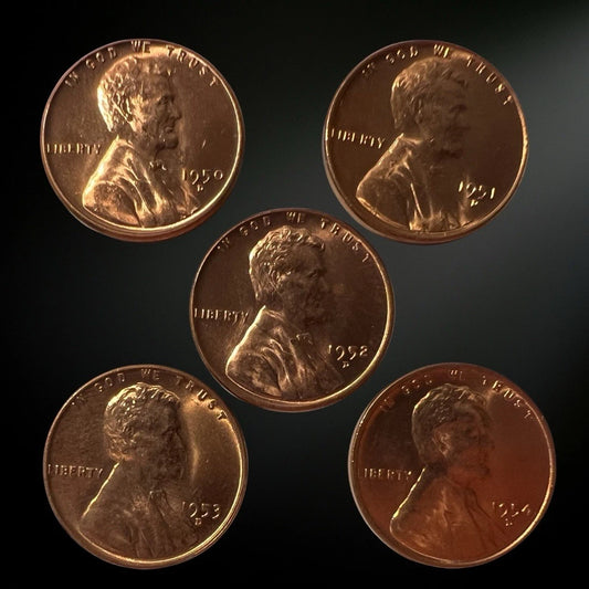 1950–1954-D Lincoln Wheat Penny 5 Coin Set – Brilliant Uncirculated RED