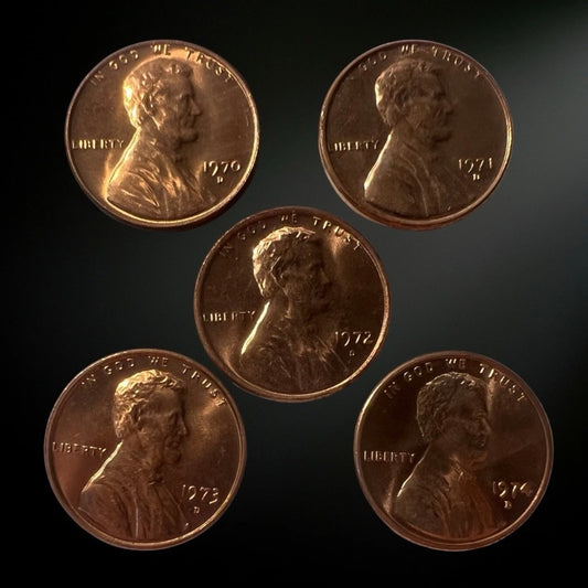 1970–1974-D Lincoln Memorial Penny 5 Coin Set – Brilliant Uncirculated RED